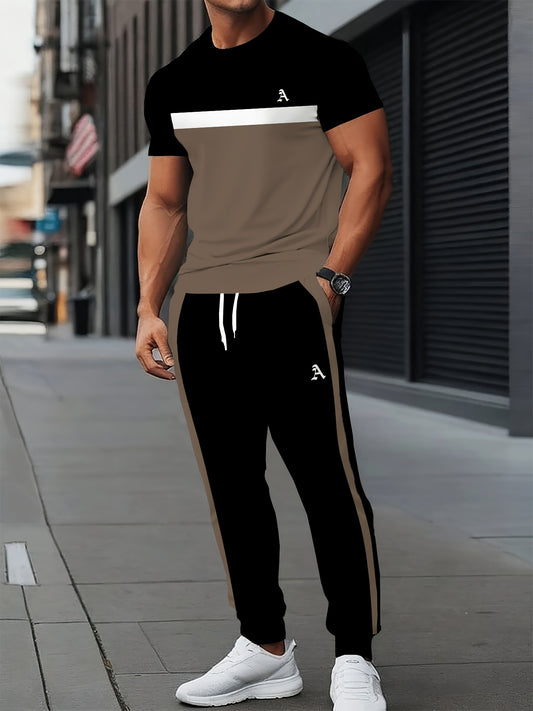 Men'S Polyester Sportswear | Elegant Casual Crew Neck | Slightly Stretchy Knit with Striped 3D Print | Regular Fit Two-Piece Set | Patterned Short Sleeve T-Shirt and Long Pants