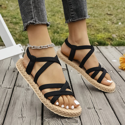 Women's Stylish Black Flat Sandals with Adjustable Ankle Straps - Breathable Fabric Upper, EVA Sole, Low Heel for Casual Wear, Beach, and Spring Outings, Strappy Sandals