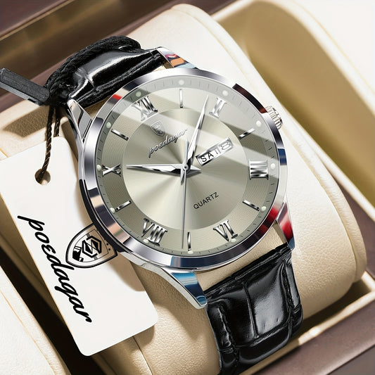Luxury Leather Strap Men's Watch Waterproof Luminous Calendar Week Wristwatch Simple Business Fashion Sports Men's Watch