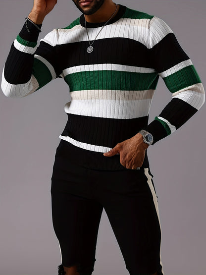 Men's Striped Color-Block Ribbed Knit Sweater - Long Sleeve Round Neck Pullover with Elastic Comfort Fit, Machine Washable Casual Fall Winter Top in Black/White/Green/Beige, Knit Sweater, Medium Elasticity