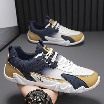 Men's Breathable Low-Top Casual Sneakers - Sporty Lace-Up Walking Shoes with Navy/White/Golden Accents, All-Season Outdoor & Everyday Comfort, Durable Fabric Upper & PVC Sole, Comfortable Footwear, Sleek Shoe Design, Lightwei