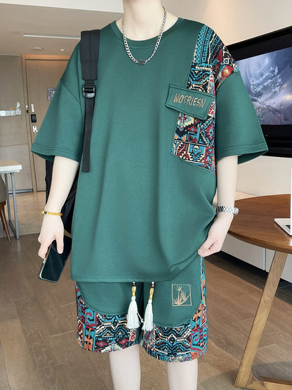 2pcs Men's Summer Casual Outdoor Set, Fashion Ethnic Style Round Neck Short Sleeve T-Shirt and Shorts Suit with Embroidery Design Loose Fit, Short Sleeve + Drawstring Shorts Combo, Suitable for Summer Outdoor Activities