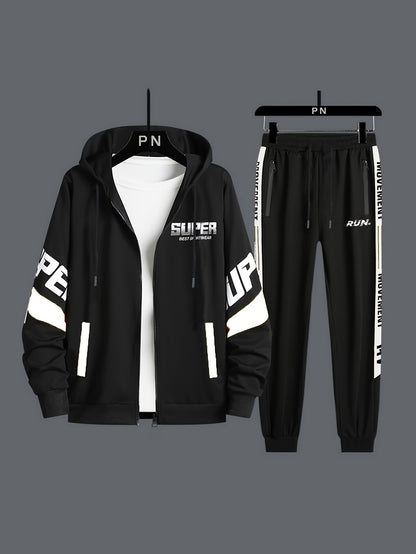 Classic Men's Athletic 2Pcs Tracksuit Set Casual Full-Zip Sweatsuits Long Sleeve Hoodie And Jogging Pants Set For Gym Workout Running
