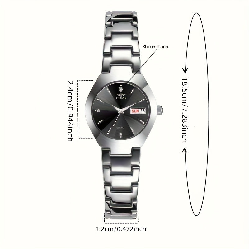 1 New Fashionable Quartz Ladies' Watch with Date Display - Black Dial, Luminous Hands & Markers, Stainless Steel Band, Casual Style, Travel & Business Use, Casual Style Watch | Minimalist Design | Quartz Movement