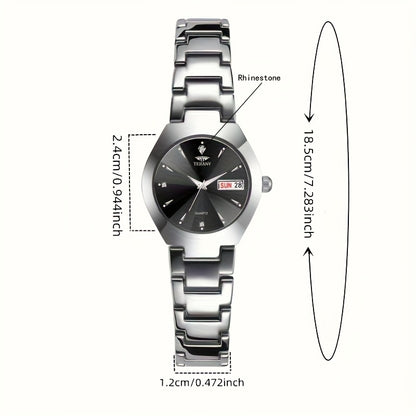 1 New Fashionable Quartz Ladies' Watch with Date Display - Black Dial, Luminous Hands & Markers, Stainless Steel Band, Casual Style, Travel & Business Use, Casual Style Watch | Minimalist Design | Quartz Movement