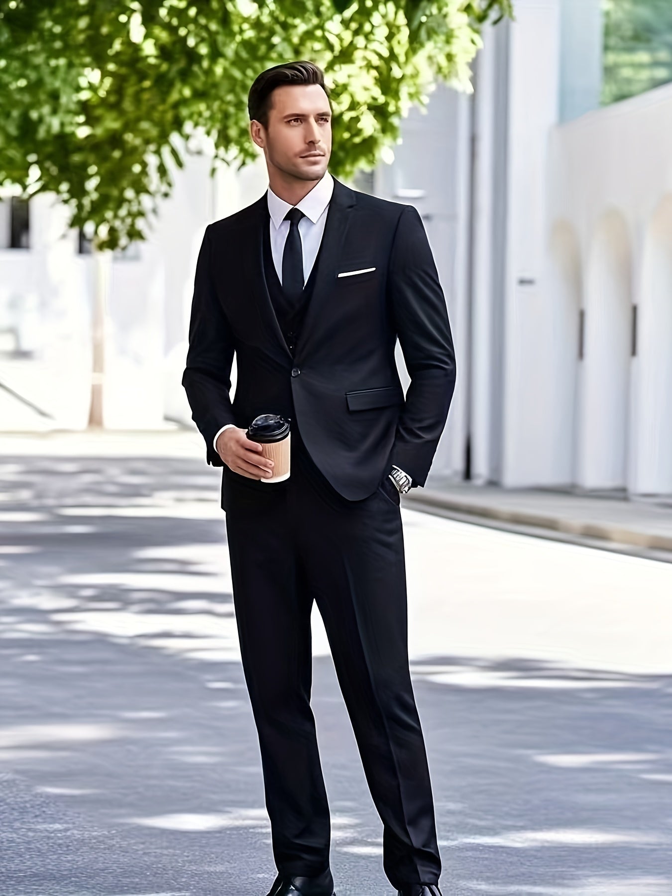 3pcs Luxury Classic Men's Solid Color Formal Suit Set - Lapel Jacket, Vest and Pants, Regular Fit, Long Sleeve, Traditional Silhouette, Very Suitable for Wedding Banquets, Business Meetings - High Quality Fabric, Comfortable