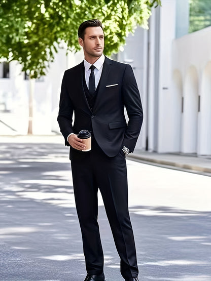 3pcs Luxury Classic Men's Solid Color Formal Suit Set - Lapel Jacket, Vest and Pants, Regular Fit, Long Sleeve, Traditional Silhouette, Very Suitable for Wedding Banquets, Business Meetings - High Quality Fabric, Comfortable