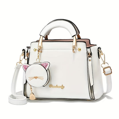 Women'S Fashion Cat Head Handbag, 2025 Trendy Shoulder Bag with Zipper Closure, Polyester Lined, Painted Edges, Versatile Solid Color - White, Red, Black, Pink, Khaki, Grey, Blue, Green, Purple, Light Blue