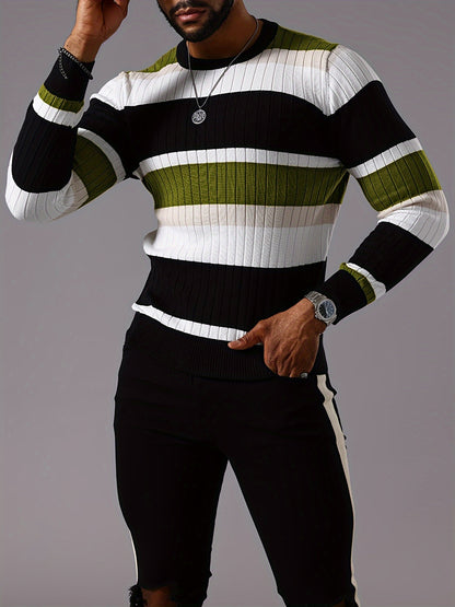 Men's Striped Color-Block Ribbed Knit Sweater - Long Sleeve Round Neck Pullover with Elastic Comfort Fit, Machine Washable Casual Fall Winter Top in Black/White/Green/Beige, Knit Sweater, Medium Elasticity