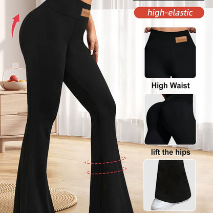 High-Waisted Flared Leggings for Women - Stretchy Black Polyester Pants with Tummy Control, Slimming Fit, and Breathable Design for Spring/Summer/Fall Casual Wear, Spring Summer Leggings | Fitted Leggings | Elastic Waistband