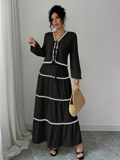 Women'S New Arrival Black and White Ruffled Lace Trim Long Sleeve Shirt with Tie Waist Umbrella Skirt Set, Stylish Elegant Vacation Commute Daily Wear Date Party Two-Piece Outfit Suitable for All Seasons