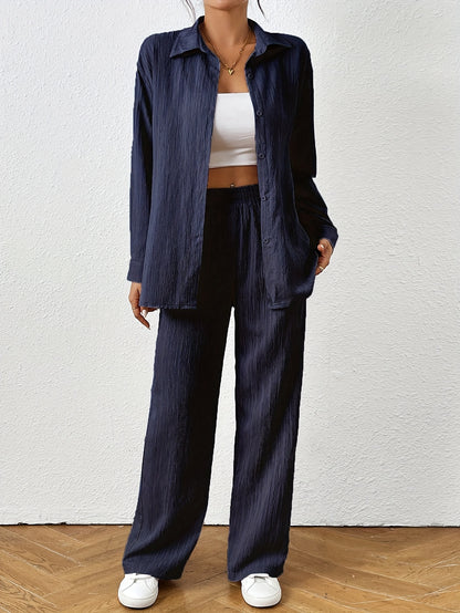2pcs Women Spring & Autumn Casual Solid Color Long Sleeve Shirt And Pants Set