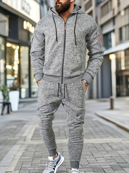 Men's Casual Sports Hoodie and Pants Set with Zipper, Drawstring, Fleece-Lined - Polyester Blend, Machine Washable