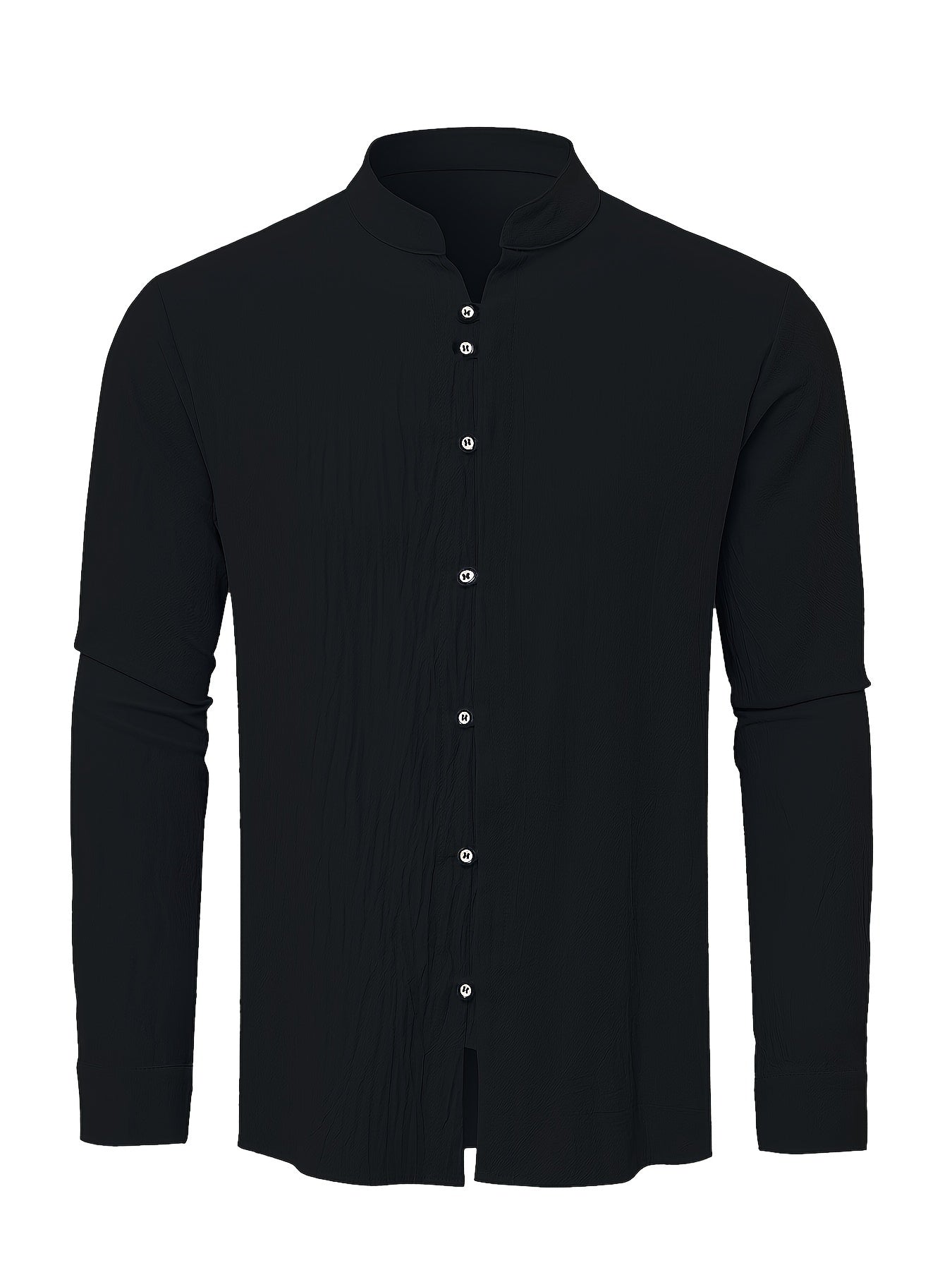 Classic Design Men's Solid Color Stand Collar Long Sleeve Button Up Top Shirt, Pure Cotton Spring And Autumn Fashion Cotton Tops For Daily And Casual Outerwear