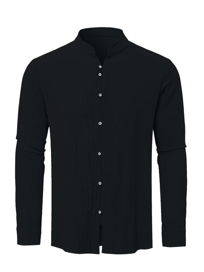 Classic Design Men's Solid Color Stand Collar Long Sleeve Button Up Top Shirt, Pure Cotton Spring And Autumn Fashion Cotton Tops For Daily And Casual Outerwear