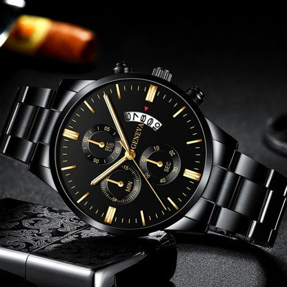 Men'S Luxury Black Stainless Steel Quartz Watch with a Date Feature, Ideal for Business Occasions.