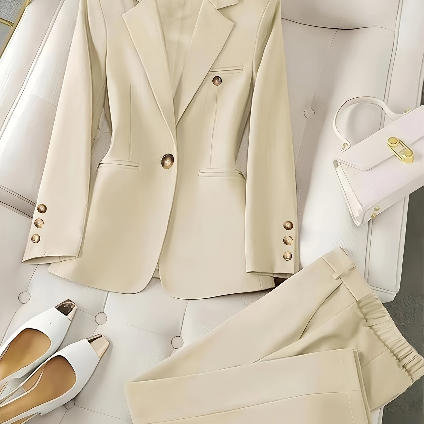 Women's Casual Beige Blazer and Pants Set - Polyester, Long Sleeve, Double-Breasted, Lapel Collar, with Pockets, Machine Washable