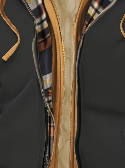 Men'S Warm Fleece-Lined Hooded Jacket with Plaid Details - Casual Winter Coat for Outdoor Activities, Zip-Up, Regular Fit, Polyester Lined, Functional Pockets, Windproof & Warm, Functional Winter Jacket | Stylish Men'S Jacket
