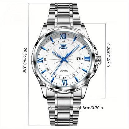 Elegant Luxury Men's Watch with Night Light, Roman Numerals & Date Display - Quartz Movement Stainless Steel Band for Business Casual & Formal Occasions