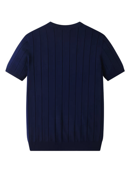 Men's Slim Fit Striped Textured Knit Crew Neck T-Shirt - High Elasticity Short Sleeve Casual Top for Spring/Autumn, Breathable Daily Leisurewear, Spring Fashion, Classic Style, Durable Construction, Pullover Shirt, Stylish Me