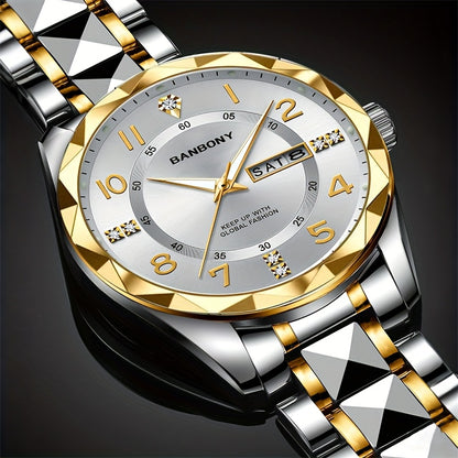 1 New BANBONY Brand Unisex Stainless Steel Quartz Watch with HD Scratch-Resistant Rhinestone-Embellished Simple Digital Round Dial, Luminous Display Date Calendar Battery-Powered Multifunctional Fully Automatic Wristwatch for
