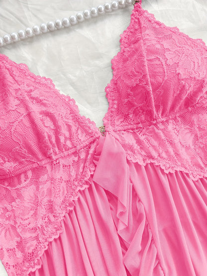 Sexy and Romantic Sleepwear Set, Solid Color Lace Camisole with Matching Panties, V-Neck Design Accentuating Elegant Neckline, Delicate Lace Pattern for Softness. Flared Hem and Ruffled Front Add Graceful Charm, Perfect for a