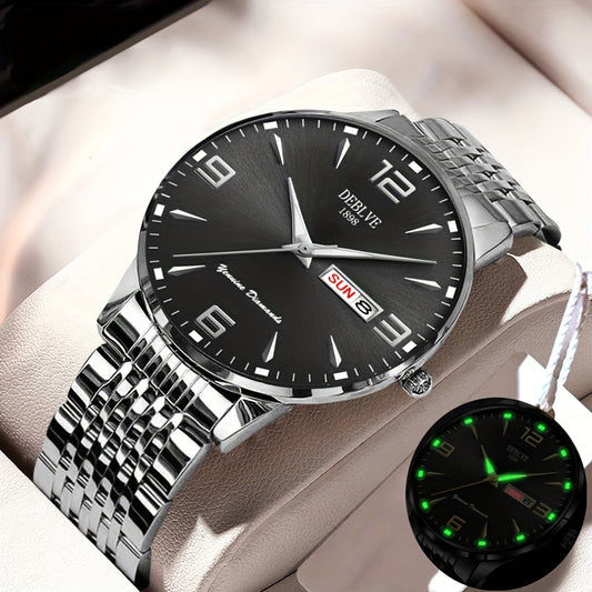 DEBLVE Men's Sleek Business Watch - Ultra-Thin Alloy, Luminous Hands, Calendar & Week Display, Waterproof, Sporty Steel Strap with Secure Clasp