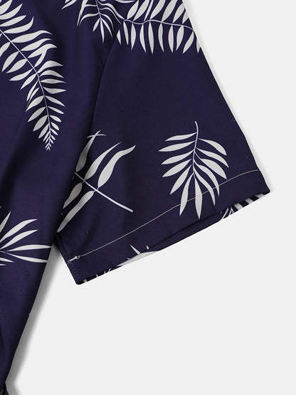 2-piece Men's Holiday Style Summer Outfit Set, Leafs Pattern Print Short Sleeve Button Up Lapel Shirt Top & Solid Drawstring Shorts With Pockets