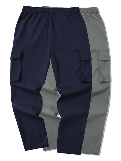 2pcs Men's Cargo Pants, Black & Gray with Drawstring Waist and Multiple Pockets, Durable Polyester, Ideal for Outdoor Activities and Casual Wear, Casual Wear Pants | Multiple Pocket Design | Durable Fabric Pants