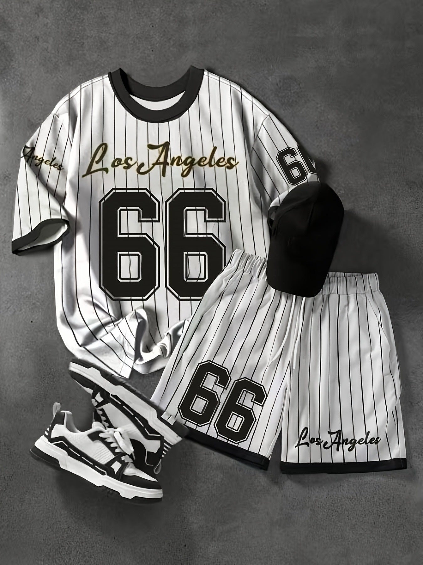 2pcs Set, Men'S Plus Size Los Angeles 66 Print T-Shirt + Shorts - Casual Sportswear, Breathable Stretch Knit Fabric, Crew Neck, Machine Washable, Black and White Diagonal Stripe, Party Clothing | Casual Style | Comfort Fit, L