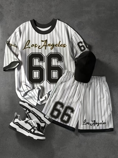 2pcs Set, Men'S Plus Size Los Angeles 66 Print T-Shirt + Shorts - Casual Sportswear, Breathable Stretch Knit Fabric, Crew Neck, Machine Washable, Black and White Diagonal Stripe, Party Clothing | Casual Style | Comfort Fit, L