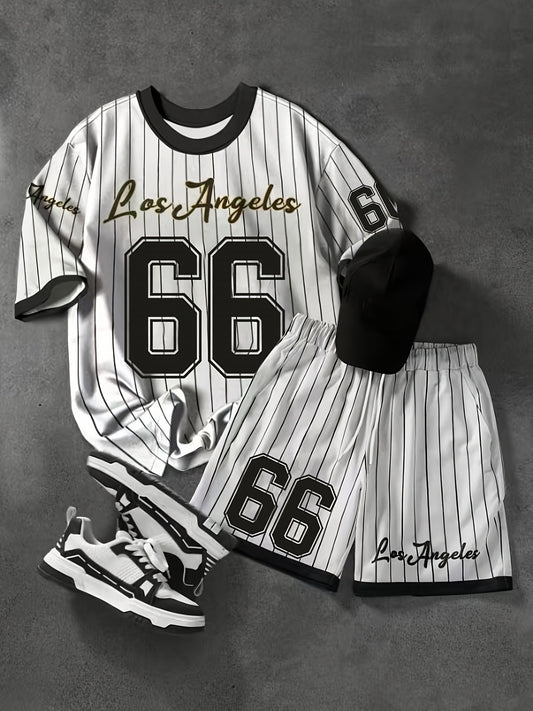 2pcs Set, Men'S Plus Size Los Angeles 66 Print T-Shirt + Shorts - Casual Sportswear, Breathable Stretch Knit Fabric, Crew Neck, Machine Washable, Black and White Diagonal Stripe, Party Clothing | Casual Style | Comfort Fit, L