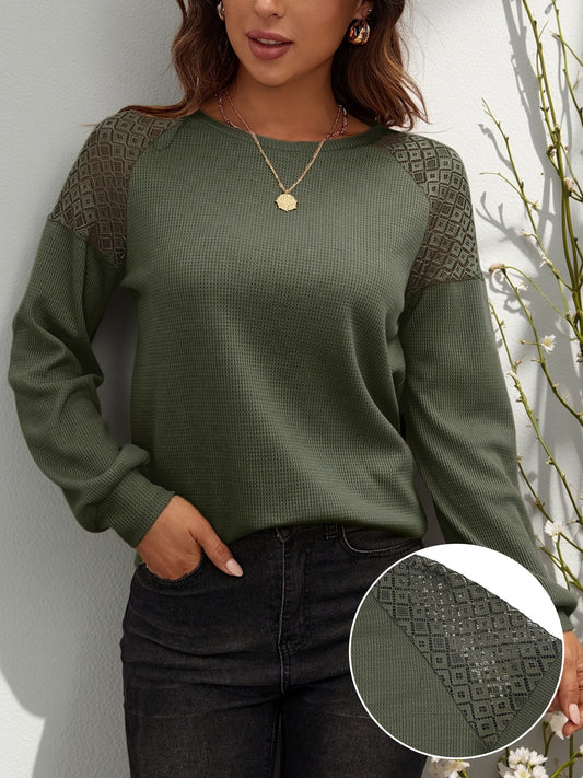 Contrast Lace Crew Neck T-Shirt, Casual Long Sleeve Top For Spring & Fall, Women's Clothing
