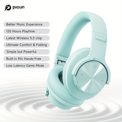 Picun B8 Wireless Gaming Headphones with 120H Playtime, 3 EQ Customization & Game Mode, Noise Isolation, Foldable Over-Ear Design, Wireless, USB-C Charging, Built-in Mic for PC/Laptop/Phone/Travel (Black), Wireless Gaming Hea