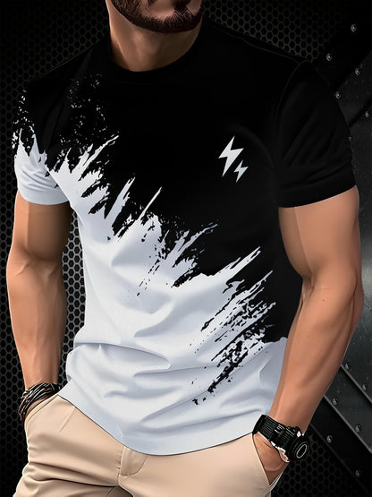 Men's Casual Short Sleeve T-Shirt with 3D Lightning Print, Dual-Tone Design, Round Neck - Polyester Blend, Machine Washable, Ideal for Summer Outdoor Activities, Summer Casual Wear|Round Neck Top|Smooth Fabric