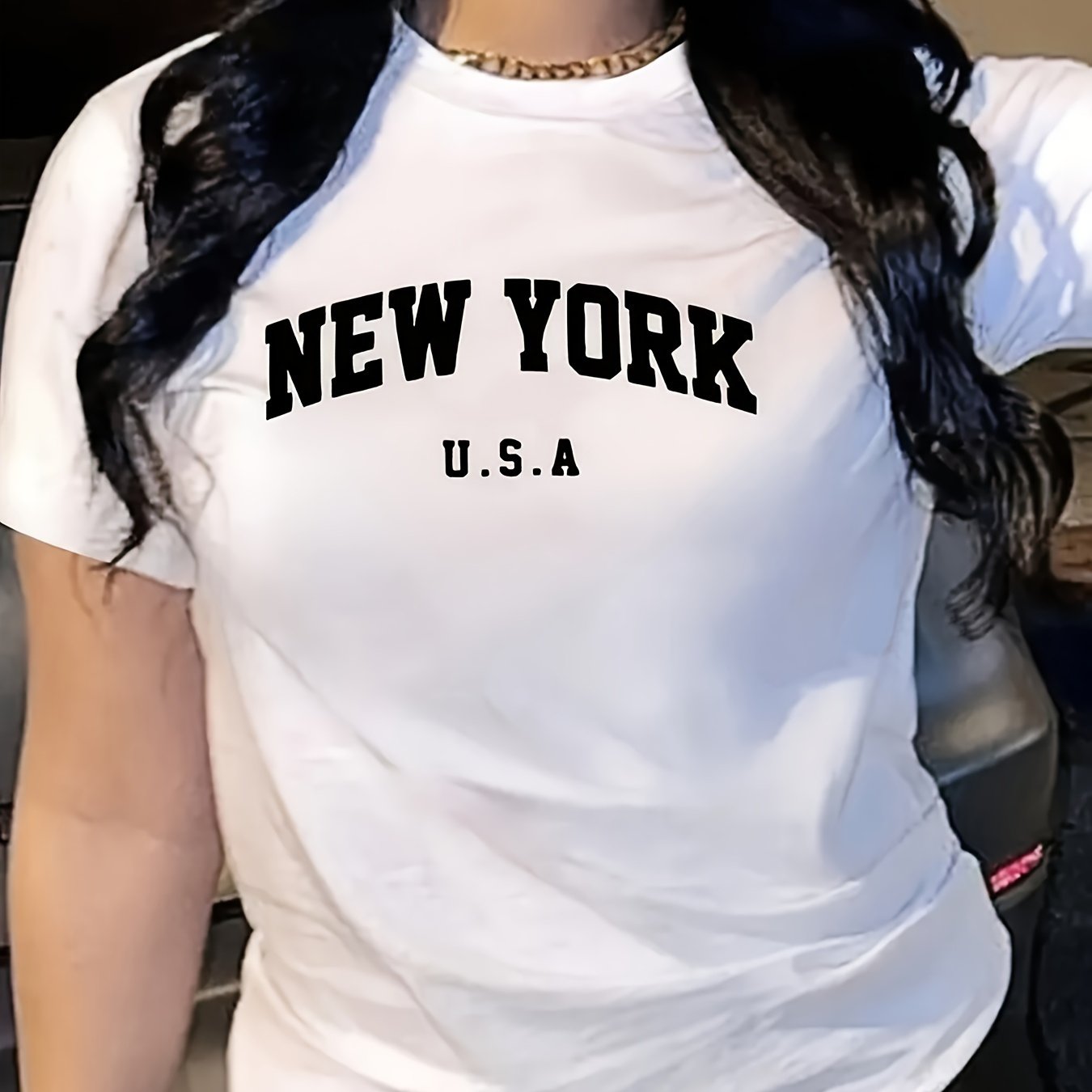 Women's Casual Semi-Sheer T-Shirt with Bold "NEW YORK U.S.A." Letter Print - Round Neck, Medium Stretch, Machine Washable, All-Season Comfort Fit, Ladies T Shirts, Relaxed Fit Top, Trendy Graphic Tee, Mediumstretch Fabric