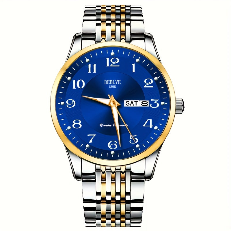 1pc DEBLOVE Men'S Stainless Steel Watch with Red Dial - Date, Calendar, Luminescent Hands & Markers, Quartz Movement, Business Casual Style, Perfect for Travel, Work, and Birthdays, Birthdays Gift|Elegant Watch Design|Quartz