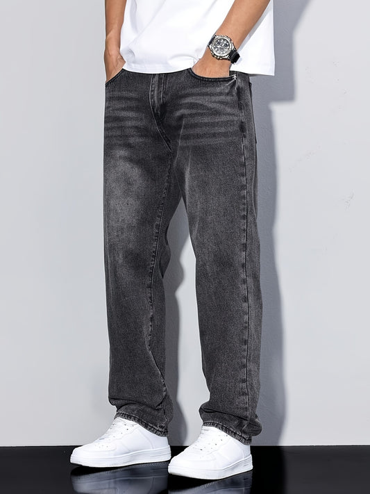 Men'S Casual Loose Fit Denim Jeans, 88.5% Cotton 8.5% Polyester 3% Rayon, All-Season Solid Color Washed Fabric, Regular Length, Non-Stretch Woven Denim Pants