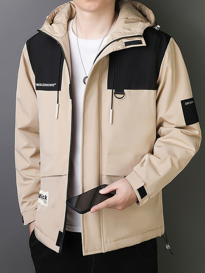 Men's Casual Hooded Windbreaker Jacket - Spring/Autumn Color Block Zip-Up Coat For Autumn Winter Outdoors
