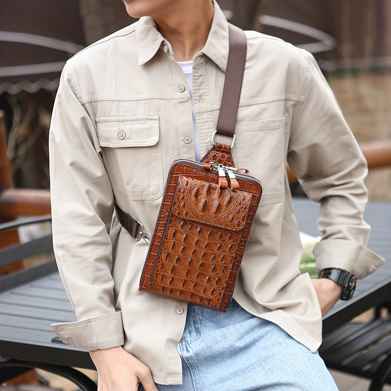 Men'S Stylish Black Crocodile Pattern Crossbody Bag - Durable, Large Capacity, Adjustable Strap, Perfect for Travel & Daily Commute, Commuter Shoulder Bag|Stylish Crossbody|Durable Fabri
