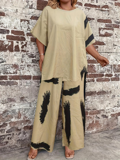Plus Size Women'S Black Printed Sweater Set - Casual Long Sleeve Pullover with "LOVE" Design, Wide Leg Pants, Non-Stretch Fabric, Perfect for Fall & Winter, Autumn Winter Wear|Casual Style|Comfortable Fit