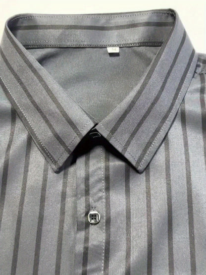 Men's Slim-Fit Striped Long Sleeve Shirt - Polyester, Machine Washable, Business Casual Style for Spring/Fall, 1856 Print, Hexagon Collar