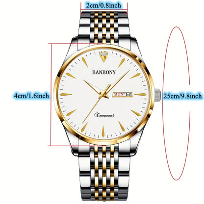 Banbony Unisex Stainless Steel Quartz Watch with Rhinestone Accents, Water-Resistant IPX7, Sleek HD Dial, Date Display, Golden-Tone Finish - Ideal for Casual Wear, Parties, and Gifts