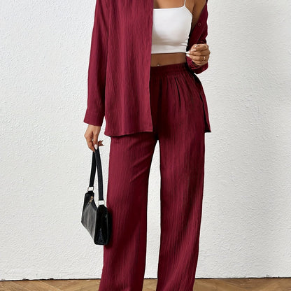 2pcs Women Spring & Autumn Casual Solid Color Long Sleeve Shirt And Pants Set