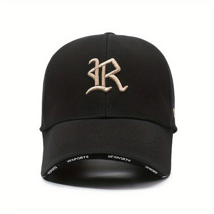"R" Embroidered Baseball Cap - Sleek Black Dad Hat with Curved Brim, Comfortable & Breathable, Ideal for Outdoor Activities, One Size Fits All