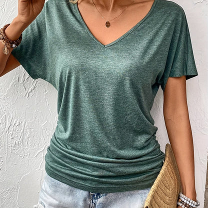 Women'S V-Neck Ruched T-Shirt - Olive Green Casual Top with Short Sleeves, Frayed Hem, and Button Detail, Perfect for Summer Outfits, Casual Summer Wear | Vneck Top | Ruched Texture