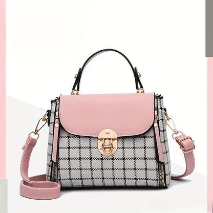 Women'S Vintage Plaid Crossbody Bag with Detachable Shoulder Strap, Zipper Closure, Polyester Lining & Edge Paint - Pink & Black Checkered Design, Perfect for Teens & Women, Ideal Gift for Birthdays, Anniversaries, Valentine'