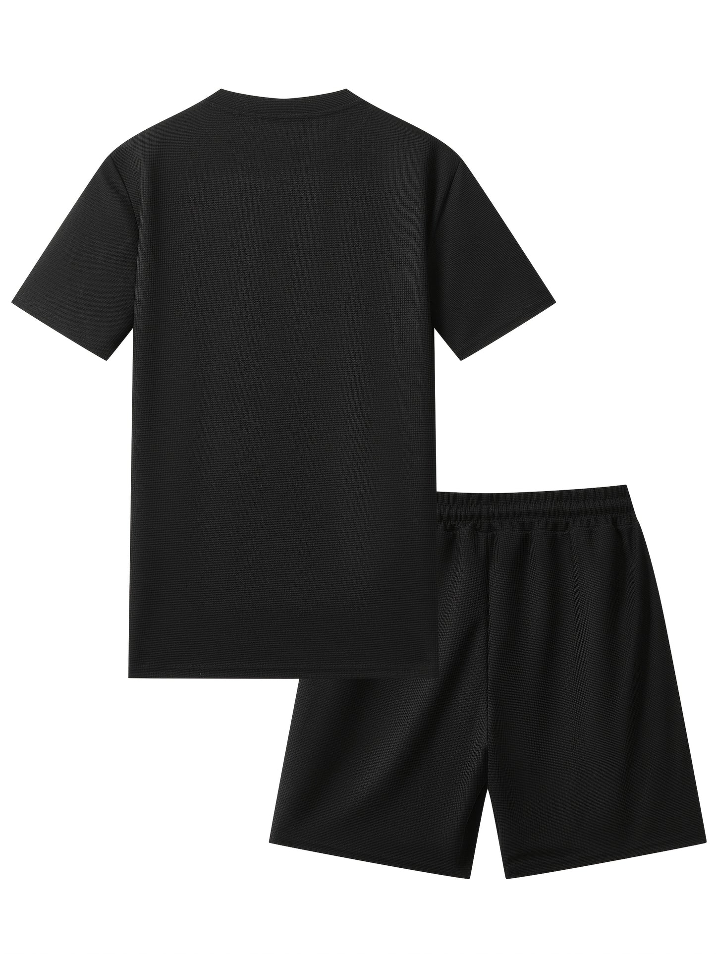 Men's Waffle Round Neck Top with Label, Short Sleeve T-shirt and Drawstring Shorts for Clean and Comfortable Spring/Summer Wear