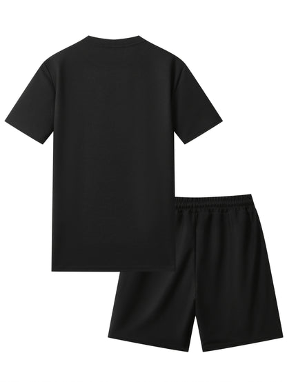 Men's Waffle Round Neck Top with Label, Short Sleeve T-shirt and Drawstring Shorts for Clean and Comfortable Spring/Summer Wear