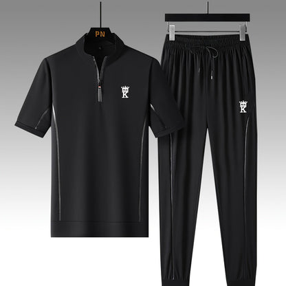 Men's Summer Casual Stand Collar Drawstring Sportswear Set